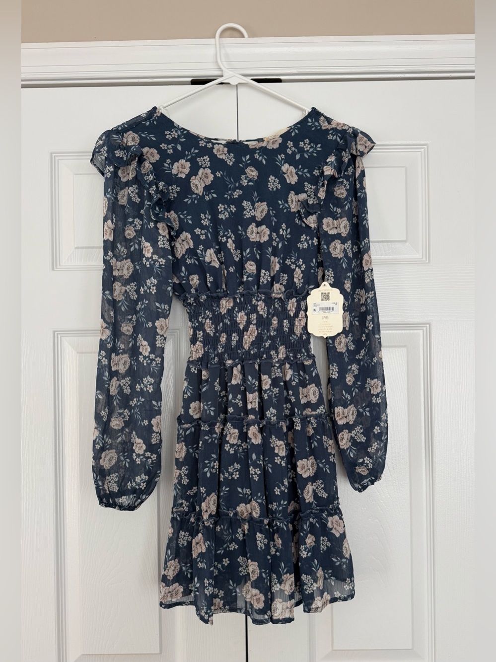 Altar’d State Navy/Slate Floral Ruffle Long-Sleeve Tiered Dress